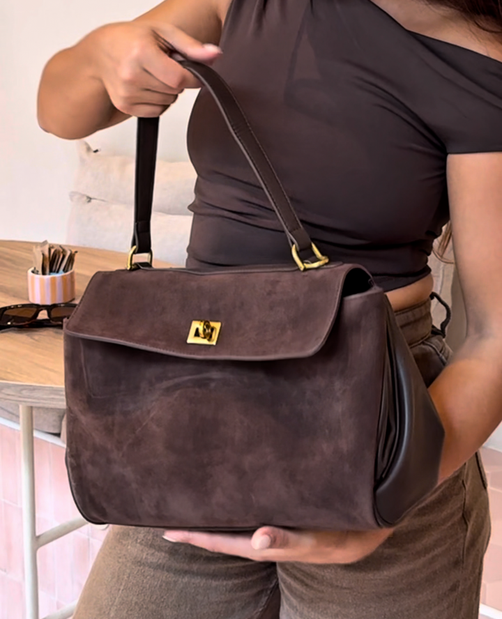 Ciara Faux Suede Satchel Top Handle in Brown