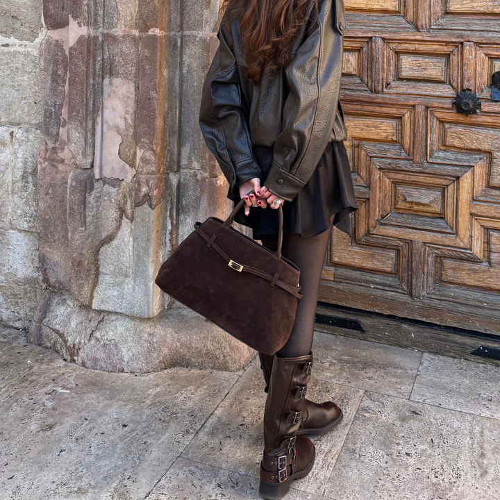 Lara Faux Suede Structured Top Handle Bag in Dark Brown
