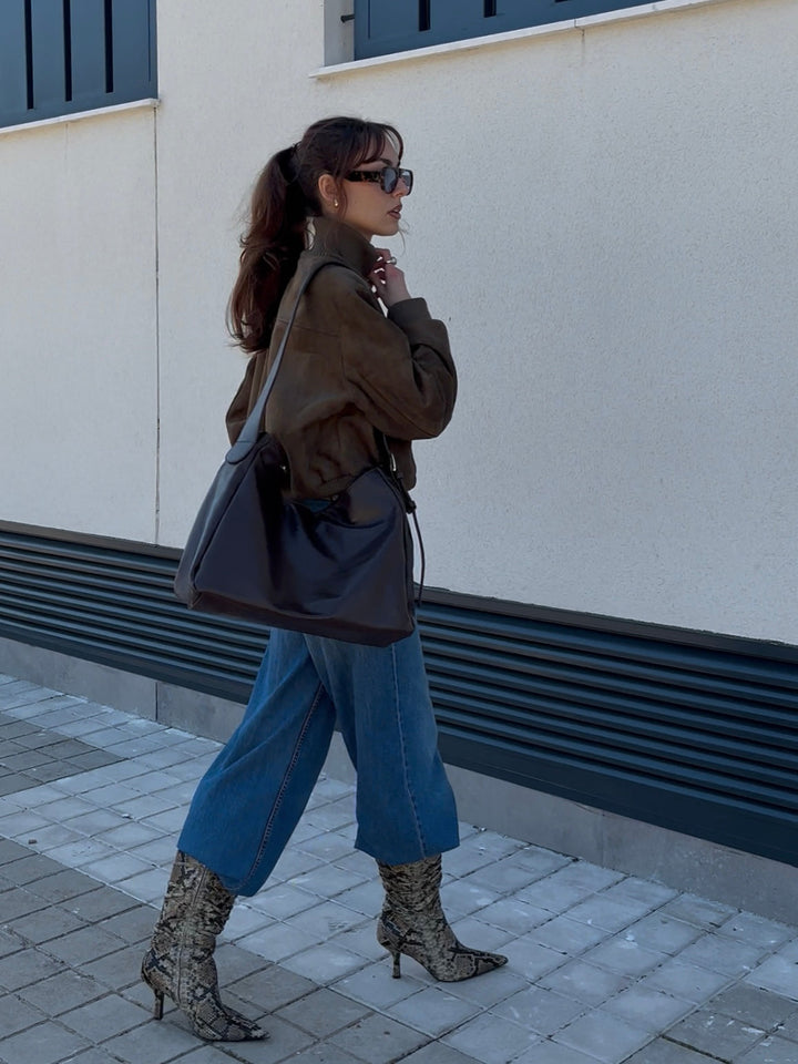 Rhea Oversized Faux Suede Shoulder Bag in Taupe