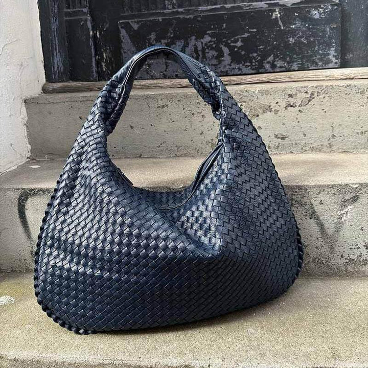 Woven Oversized Shoulder Bag in Navy