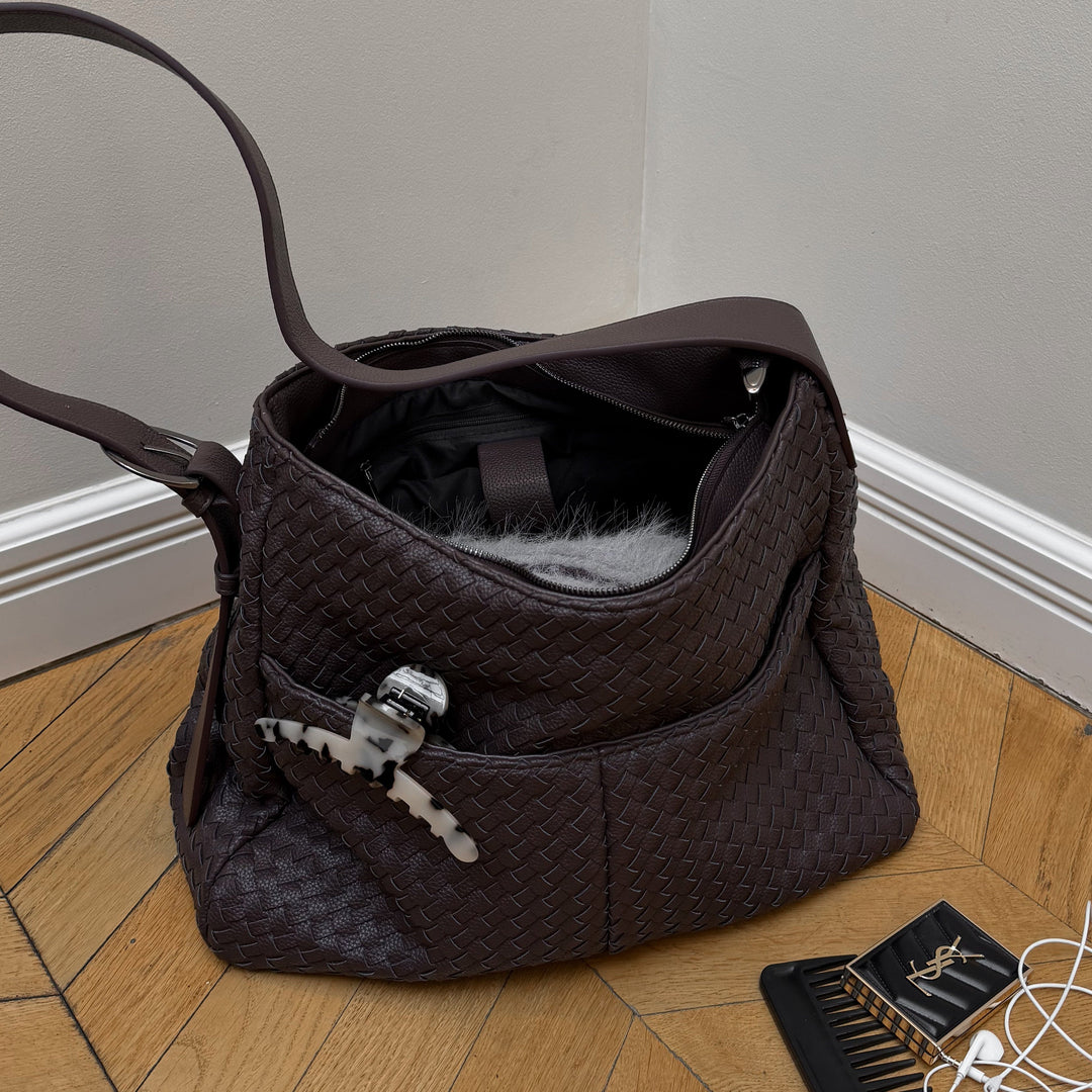 Rhea Oversized Woven Shoulder Bag in Brown