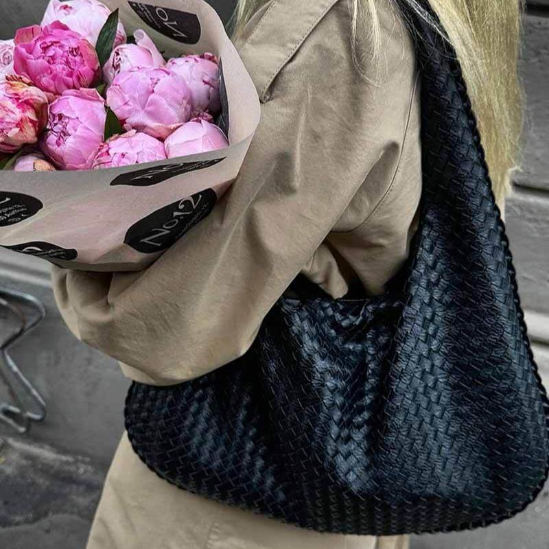 Woven Oversized Shoulder Bag in Black