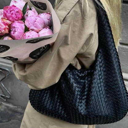 Woven Oversized Shoulder Bag in Black