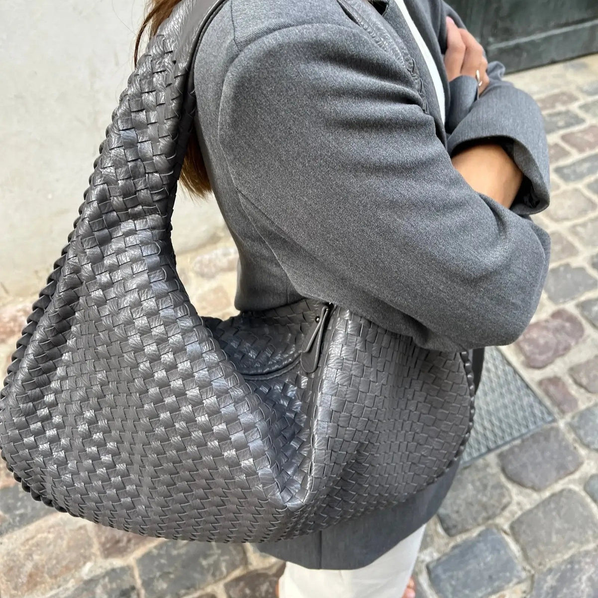 Woven Oversized Shoulder Bag in Grey