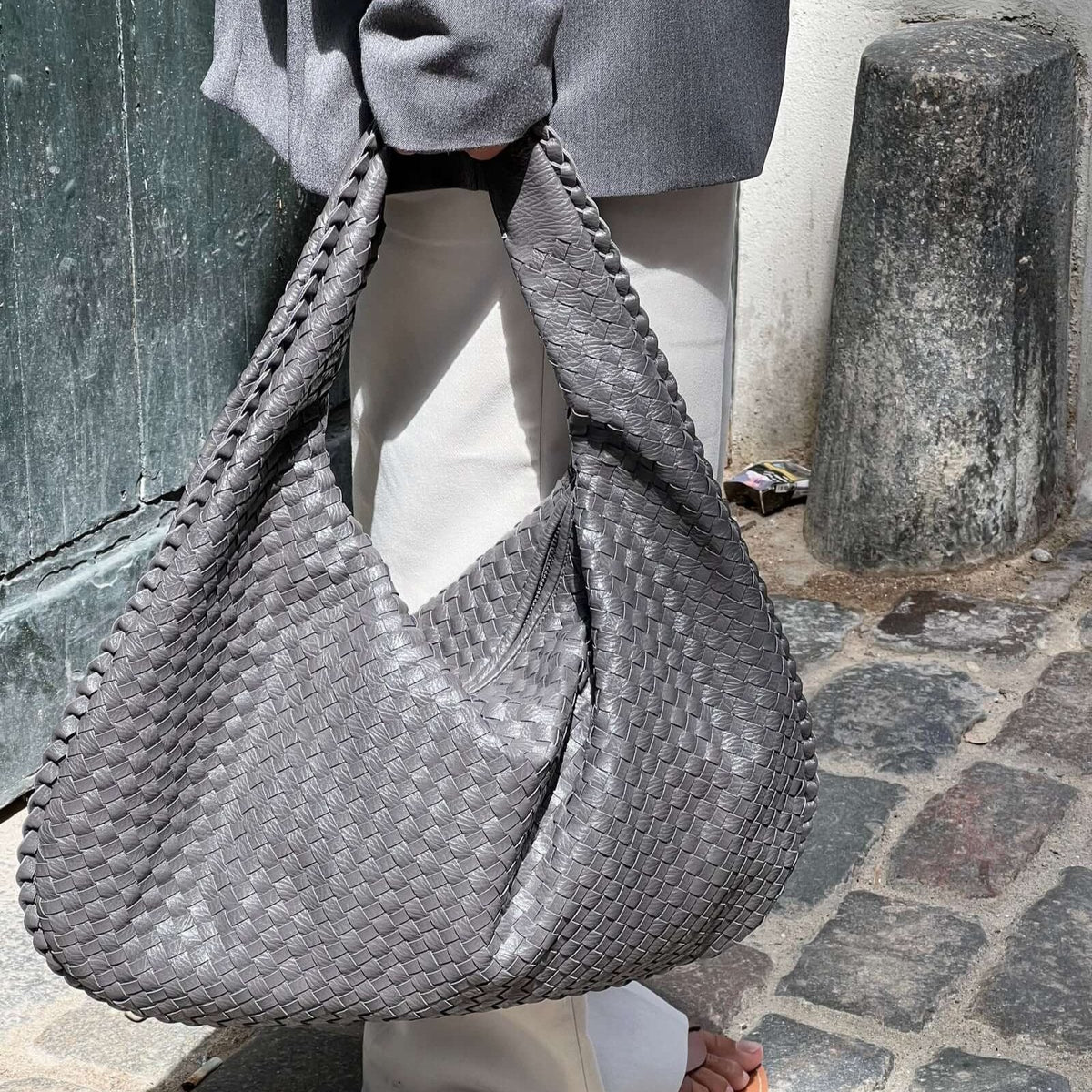 Woven Oversized Shoulder Bag in Grey