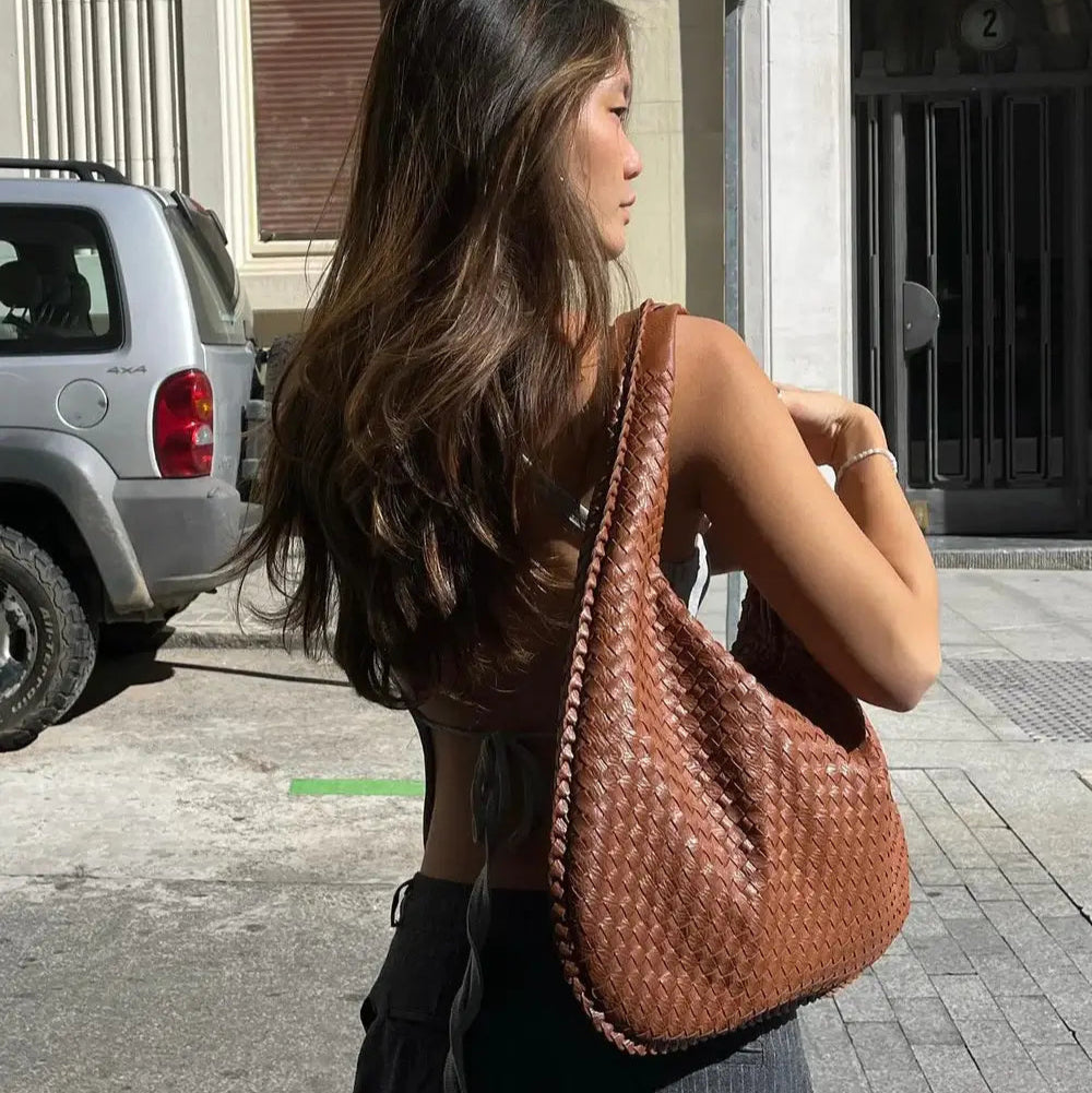 Woven Oversized Shoulder Bag in Cognac