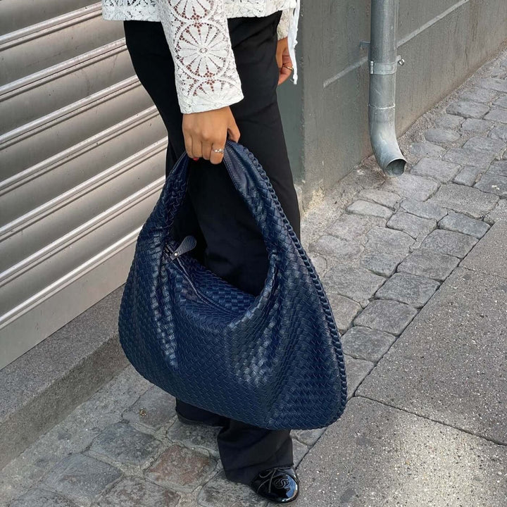 Woven Oversized Shoulder Bag in Navy