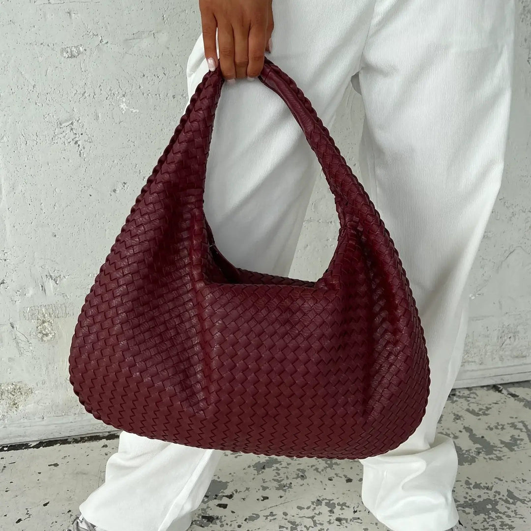 Woven Oversized Shoulder Bag in Burgundy