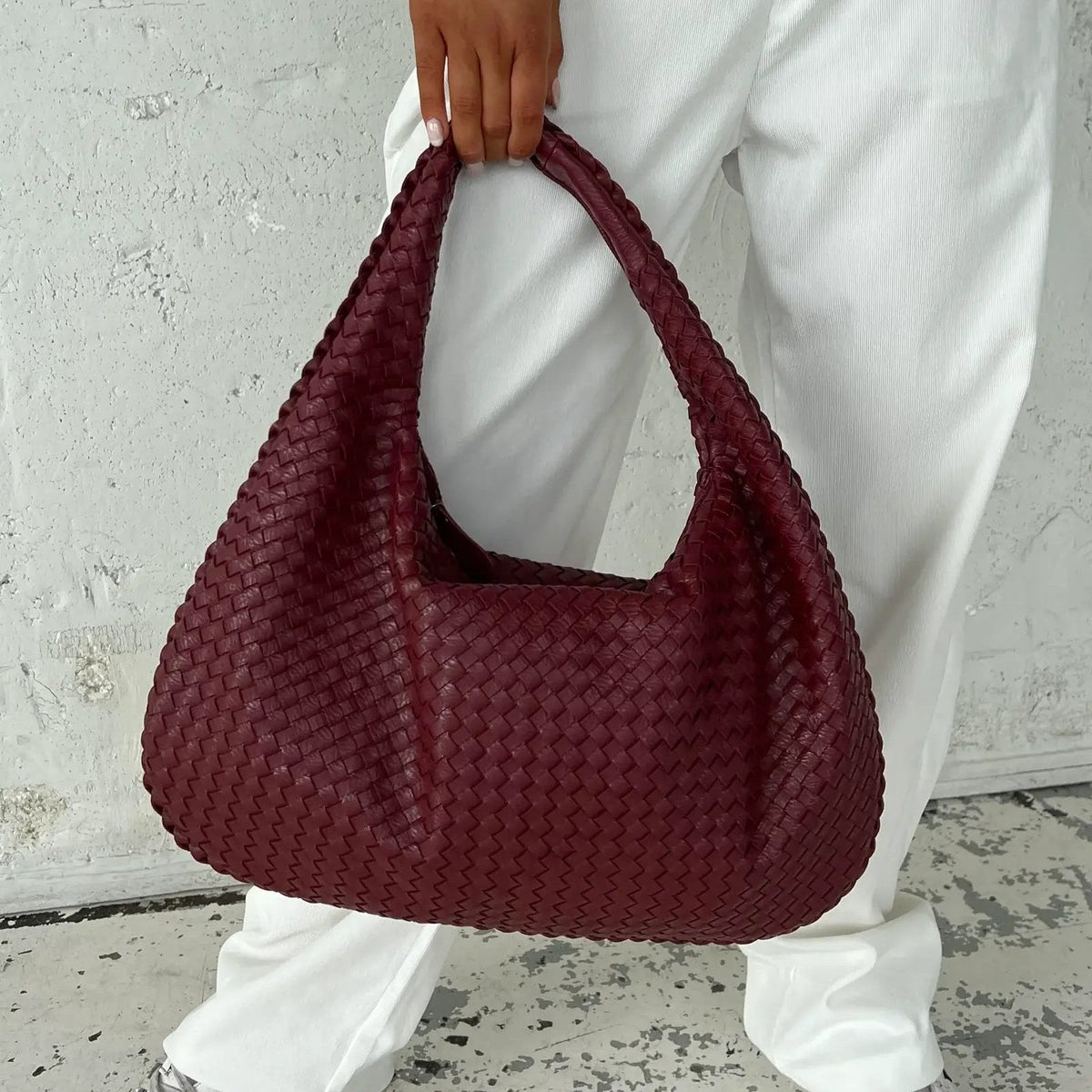 Woven Oversized Shoulder Bag in Burgundy