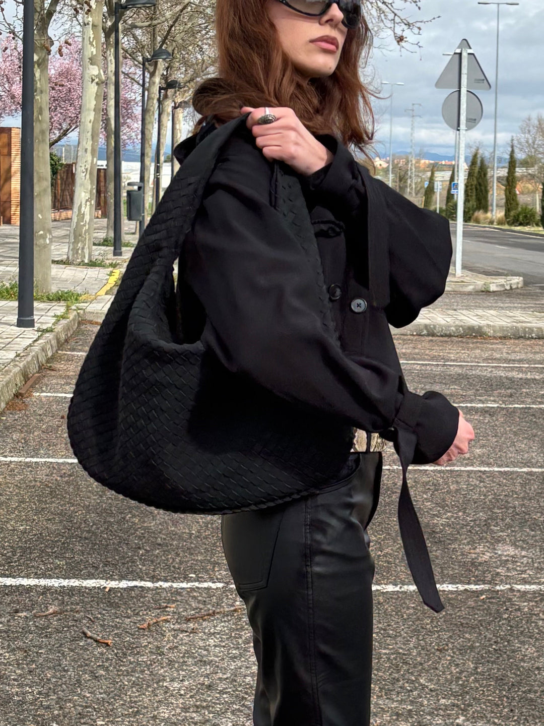Woven Oversized Faux Suede Shoulder Bag in Black