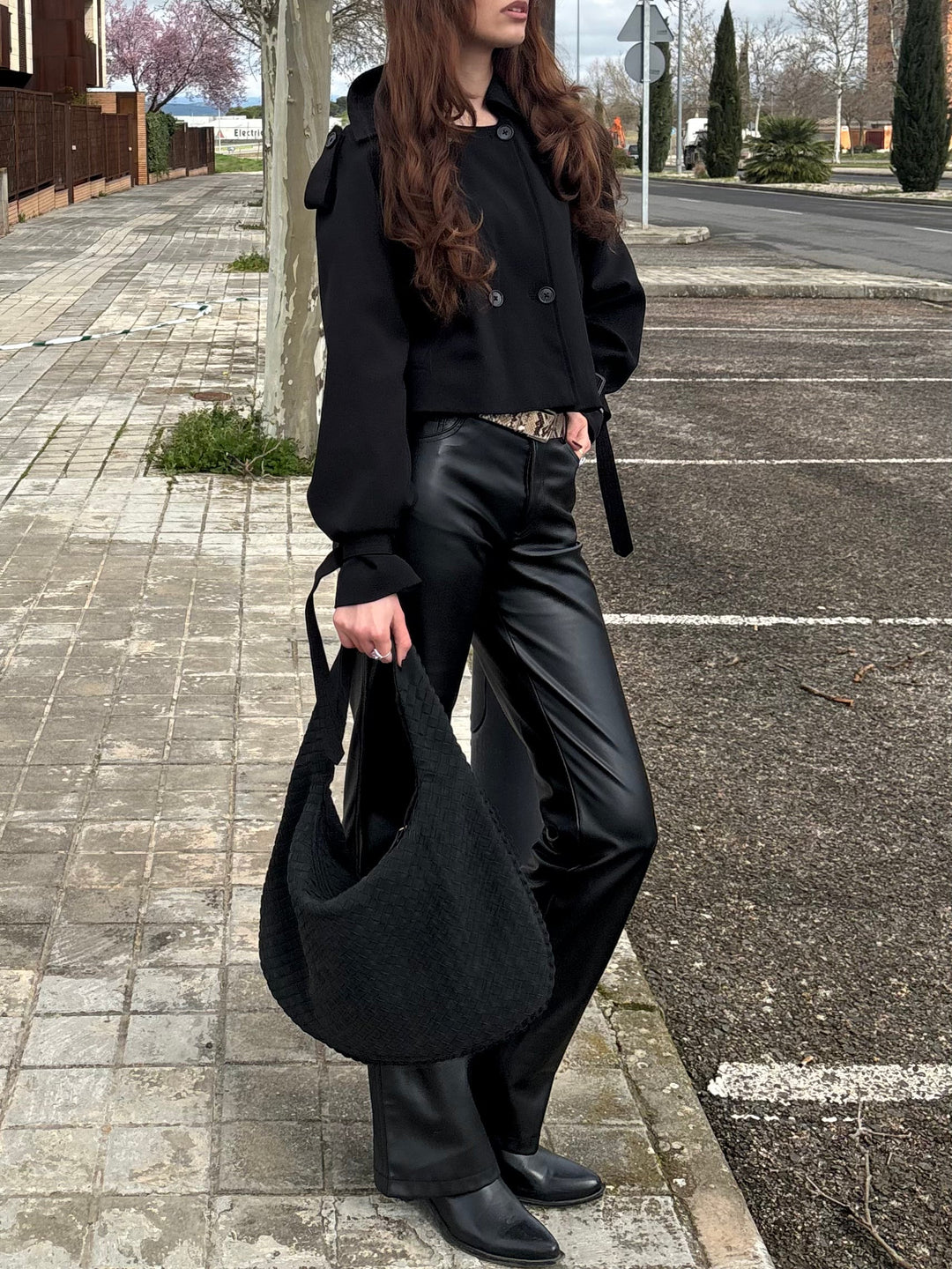 Woven Oversized Faux Suede Shoulder Bag in Black