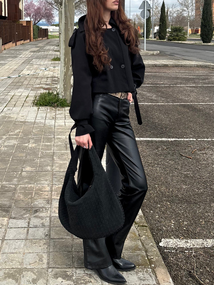 Woven Oversized Faux Suede Shoulder Bag in Black