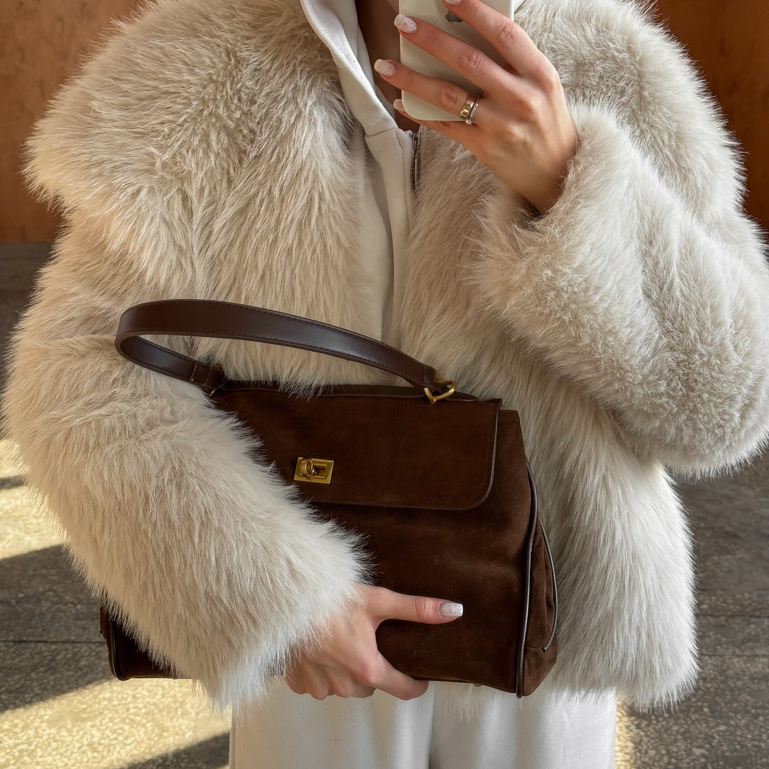 Ciara Faux Suede Top Handle Bag in Brown