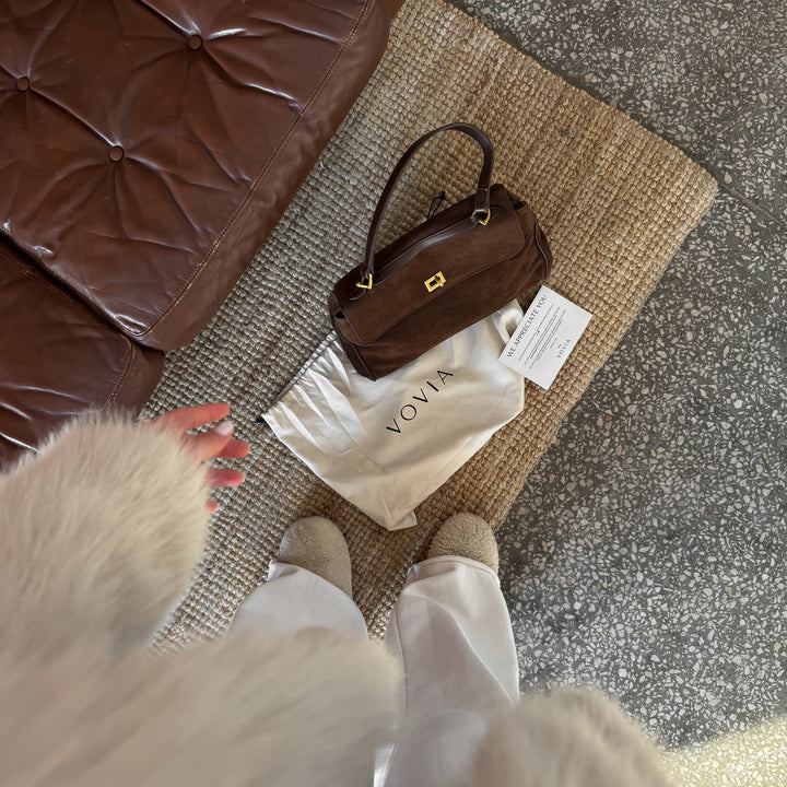 Ciara Faux Suede Top Handle Bag in Brown