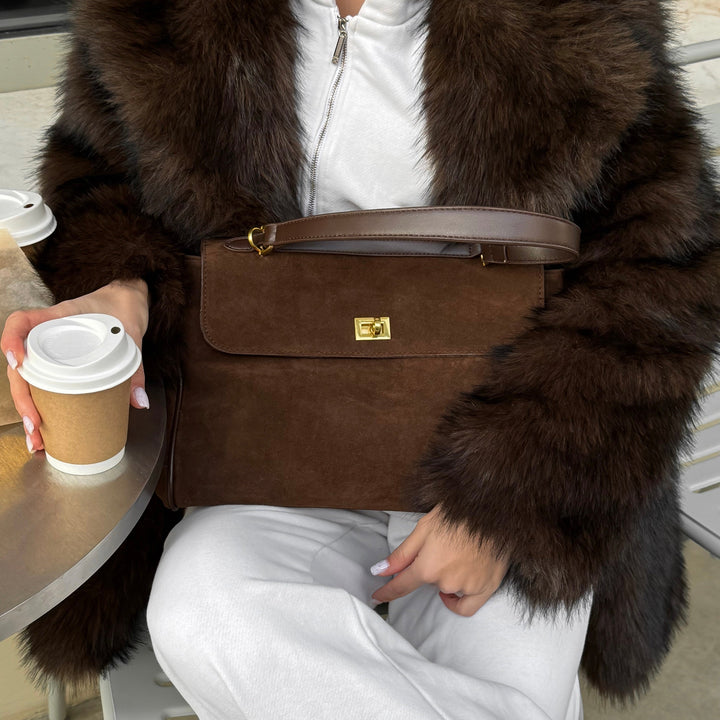 Ciara Faux Suede Top Handle Bag in Brown
