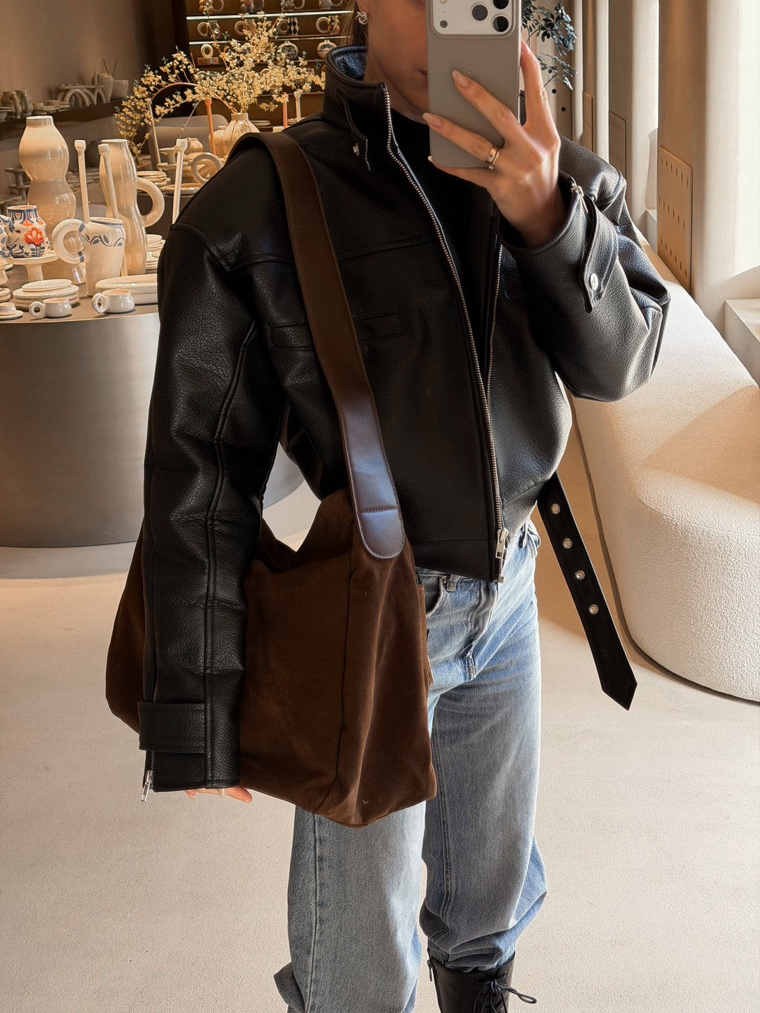 Rhea Oversized Faux Suede Shoulder Bag in Brown