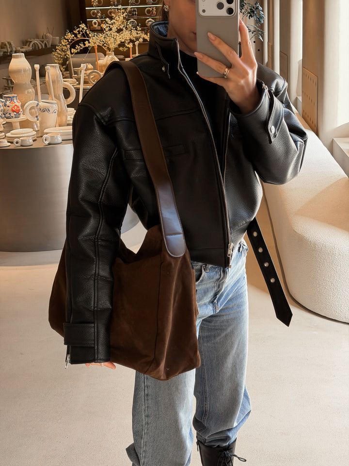 Rhea Oversized Faux Suede Shoulder Bag in Brown