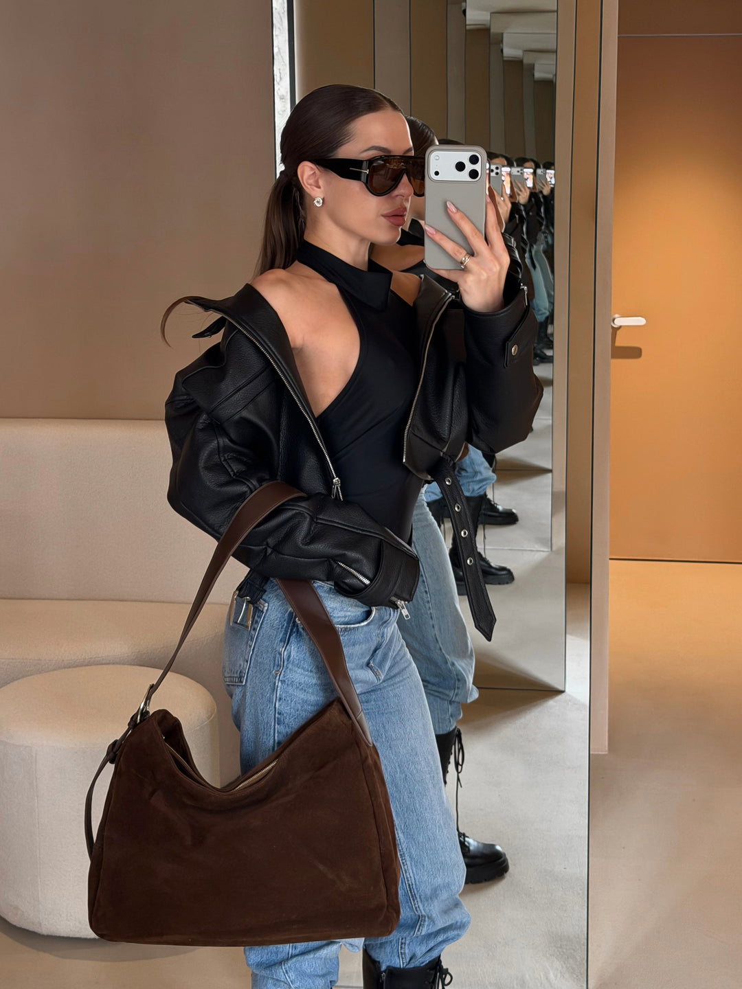 Rhea Oversized Faux Suede Shoulder Bag in Brown