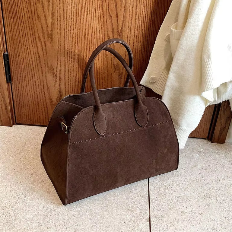 Moire Suede Structured Bowler Bag in Dark Brown