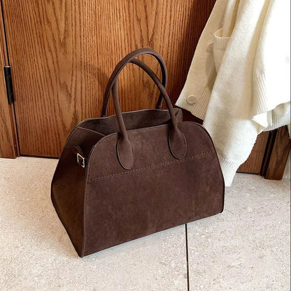 Moire Suede Structured Bowler Bag in Dark Brown