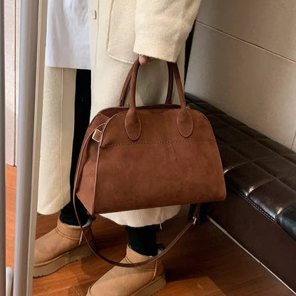 Moire Suede Structured Bowler Bag in Brown
