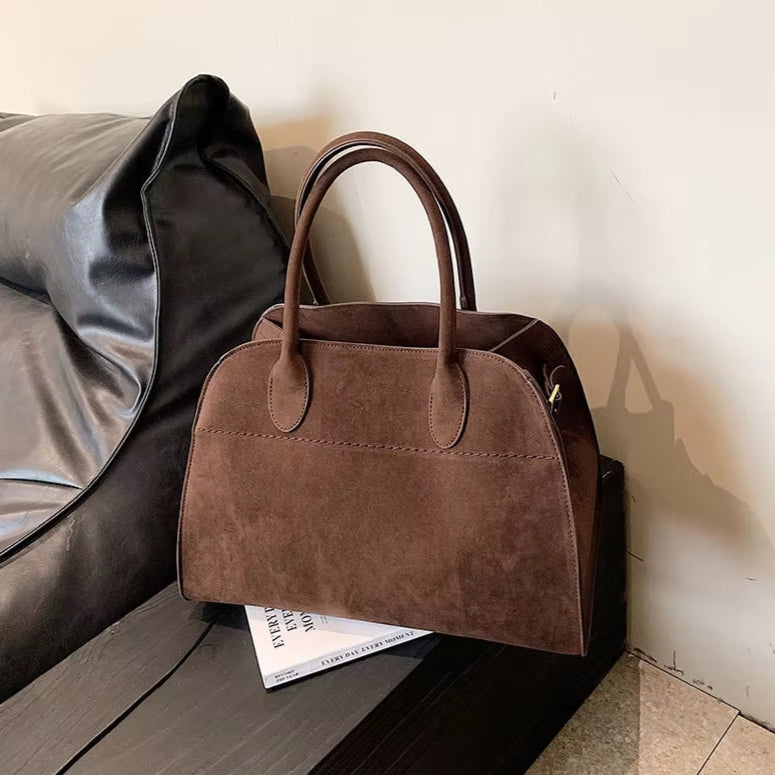 Moire Suede Structured Bowler Bag in Dark Brown