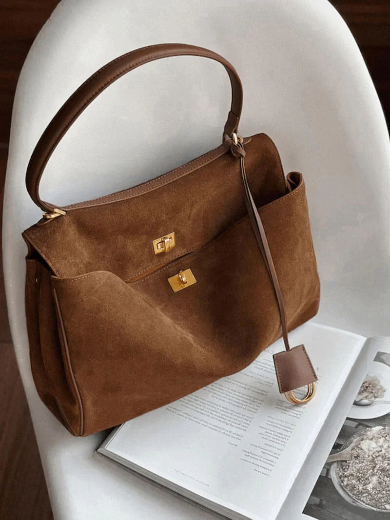 Ciara Faux Suede Top Handle Bag in Cognac