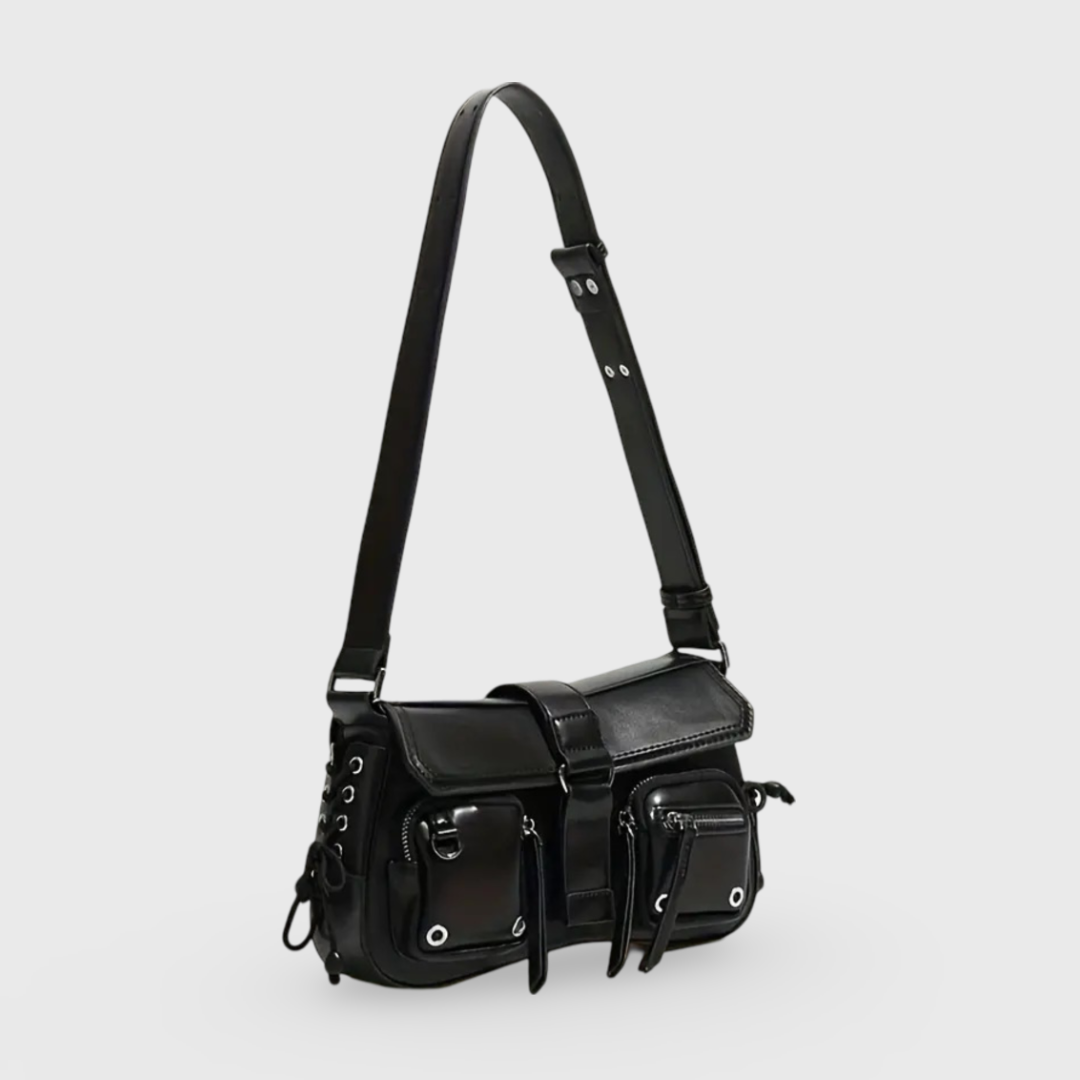 Lace Studded Utility Shoulder Bag in Black