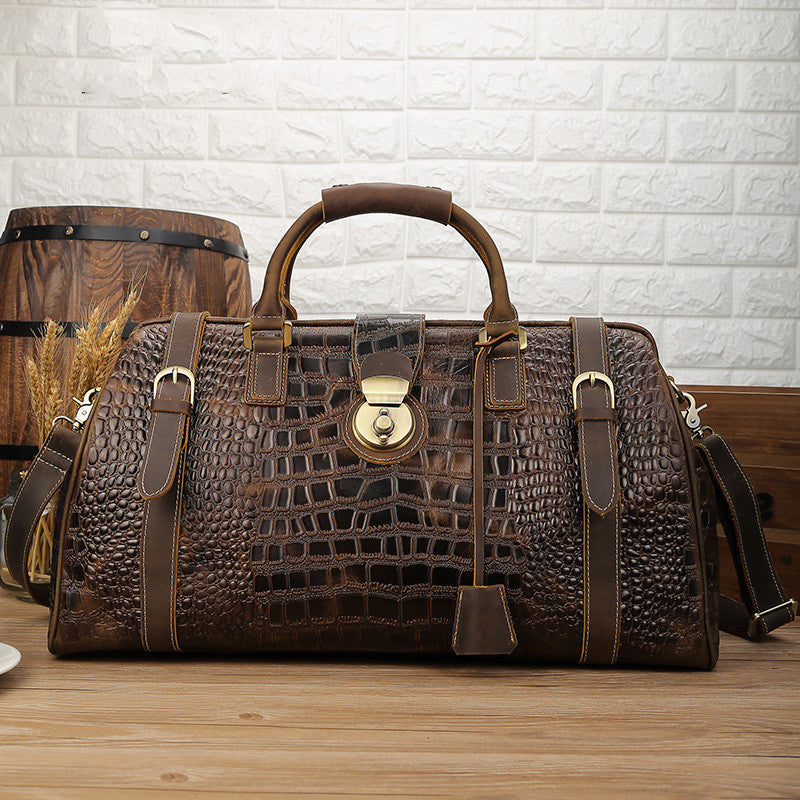 Men's Leather Travel Bag – Embossed Cowhide Structured Overnight Carry