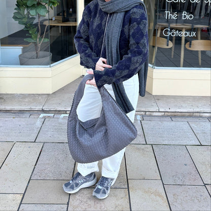 Woven Oversized Shoulder Bag in Grey