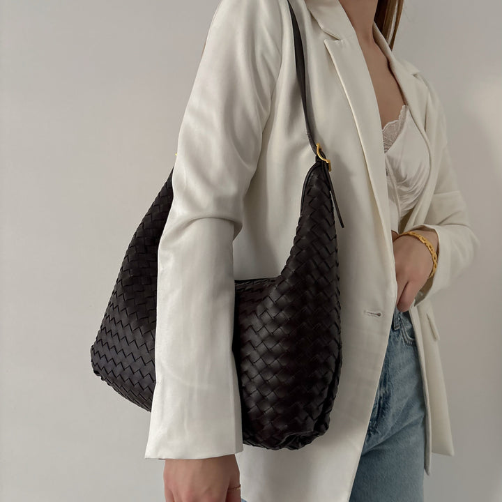 Hailey Woven Hobo Bag in Dark Brown