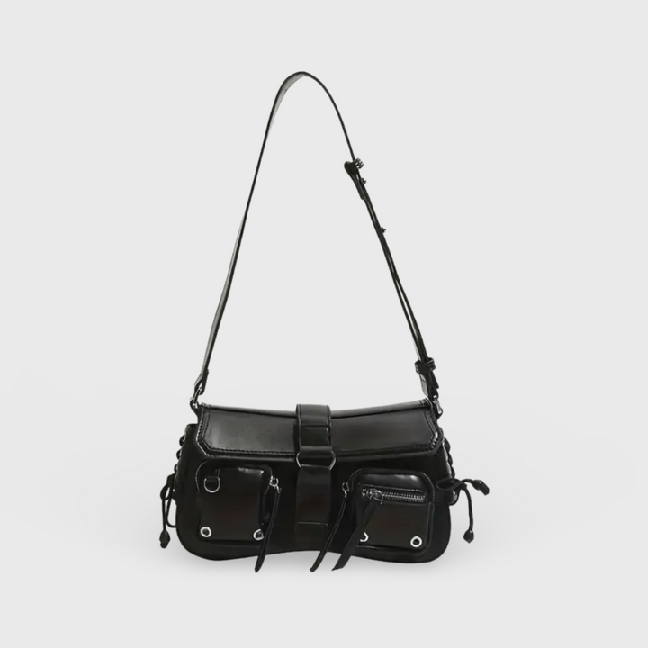 Lace Studded Utility Shoulder Bag in Black