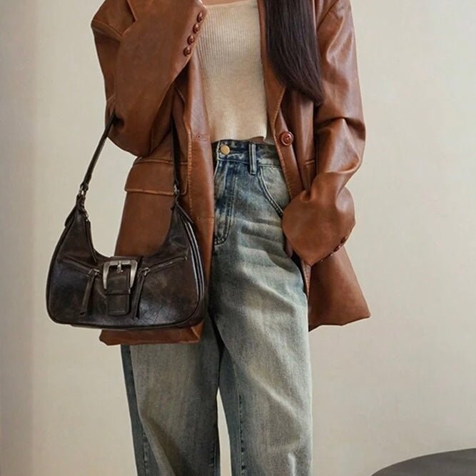 Jenice Vegan Leather Baguette Bag in Dark Brown