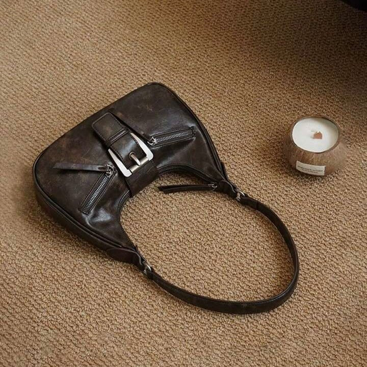 Jenice Vegan Leather Baguette Bag in Dark Brown