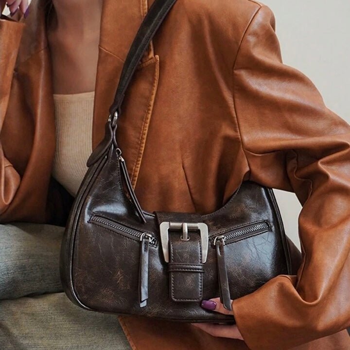 Jenice Vegan Leather Baguette Bag in Dark Brown